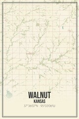 Retro US city map of Walnut, Kansas. Vintage street map.