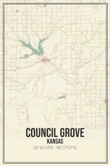 Retro US city map of Council Grove, Kansas. Vintage street map.