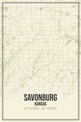 Retro US city map of Savonburg, Kansas. Vintage street map.