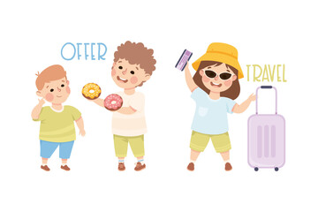 Little Boy and Girl Offering Donuts and Travelling with Suitcase Demonstrating Vocabulary and Verb Studying Vector Set