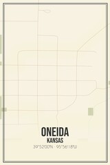 Retro US city map of Oneida, Kansas. Vintage street map.