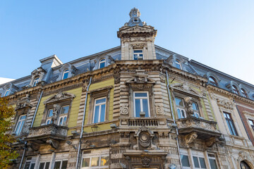 Building and street at the center of city of Ruse, Bulgaria