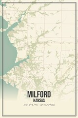 Retro US city map of Milford, Kansas. Vintage street map.