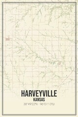 Retro US city map of Harveyville, Kansas. Vintage street map.
