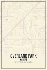 Retro US city map of Overland Park, Kansas. Vintage street map.
