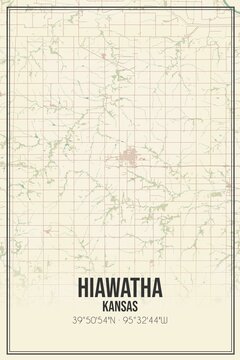 Retro US City Map Of Hiawatha, Kansas. Vintage Street Map.