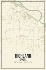Retro US city map of Highland, Kansas. Vintage street map.