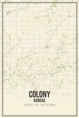 Retro US city map of Colony, Kansas. Vintage street map.