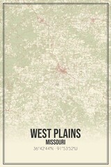 Retro US city map of West Plains, Missouri. Vintage street map.