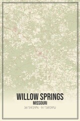 Retro US city map of Willow Springs, Missouri. Vintage street map.
