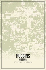 Retro US city map of Huggins, Missouri. Vintage street map.