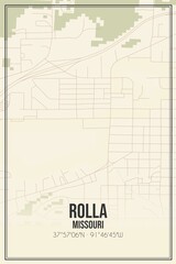 Retro US city map of Rolla, Missouri. Vintage street map.