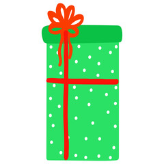 Christmas and New year hand drawn gift box with red ribbon,side view illustration,silhouette of holiday present, element for web design,planner decoration, flat style sticker.