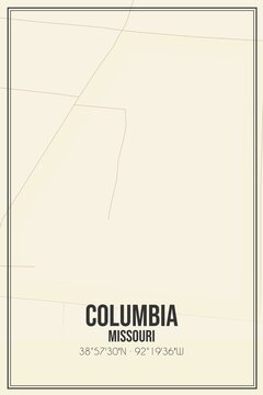 Retro US City Map Of Columbia, Missouri. Vintage Street Map.