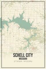Retro US city map of Schell City, Missouri. Vintage street map.