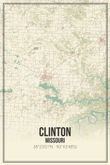 Retro US city map of Clinton, Missouri. Vintage street map.