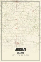 Retro US city map of Adrian, Missouri. Vintage street map.