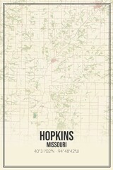 Retro US city map of Hopkins, Missouri. Vintage street map.