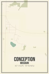 Retro US city map of Conception, Missouri. Vintage street map.