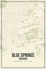 Retro US city map of Blue Springs, Missouri. Vintage street map.