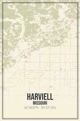 Retro US city map of Harviell, Missouri. Vintage street map.