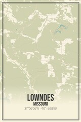 Retro US city map of Lowndes, Missouri. Vintage street map.