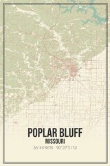 Retro US city map of Poplar Bluff, Missouri. Vintage street map.