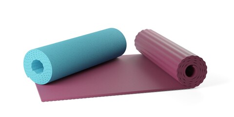 Two blue and red rolled and unrolled yoga or pilates fitness mats on white background