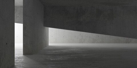 Abstract large, empty, modern concrete room with sloped ceiling beam wall and and rough floor - industrial interior background template