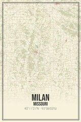 Retro US city map of Milan, Missouri. Vintage street map.