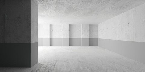 Abstract large, empty, modern concrete room, half painted walls, indirect light and concrete floor - industrial interior background template