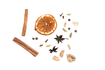 png. a set of spices for a warming drink in winter. ingredients for winter hot drinks (tea, mulled wine, punch).