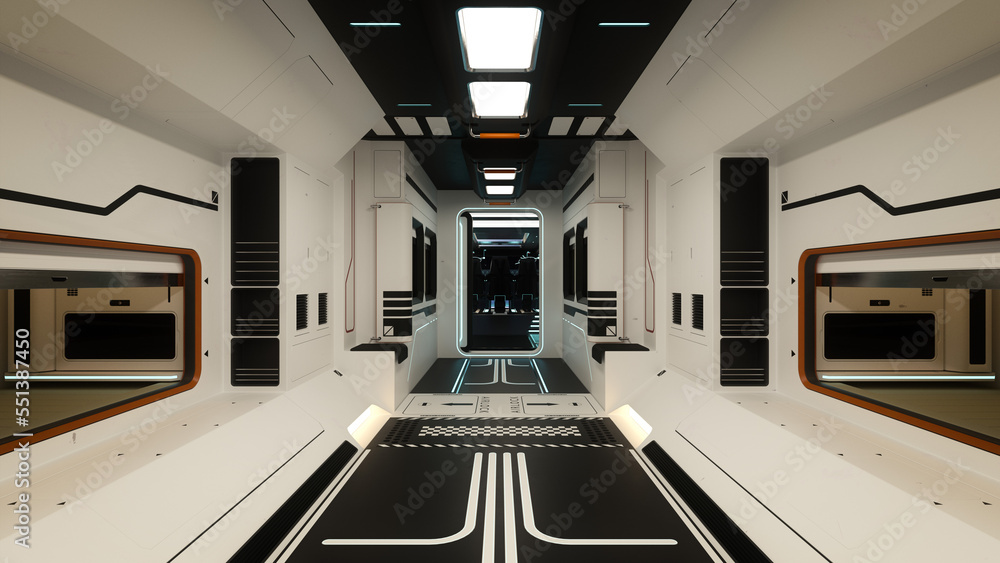 Poster futuristic science fiction space ship interior corridor with white walls and open door to cockpit. 3