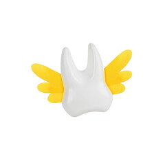 Fototapeta na wymiar Flying white tooth with yellow wings isolated on white background. Abstract dental concept Tooth Fairy idea photo