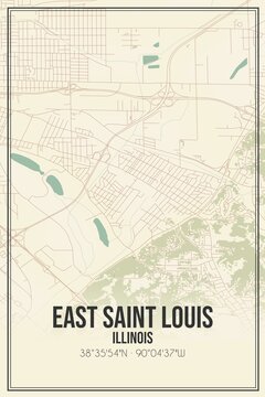Retro US city map of East Saint Louis, Illinois. Vintage street map.