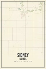 Retro US city map of Sidney, Illinois. Vintage street map.