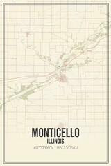Retro US city map of Monticello, Illinois. Vintage street map.