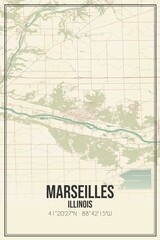 Retro US city map of Marseilles, Illinois. Vintage street map.