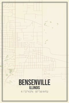 Retro US City Map Of Bensenville, Illinois. Vintage Street Map.