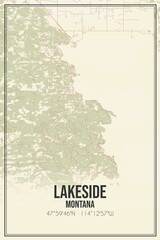 Retro US city map of Lakeside, Montana. Vintage street map.