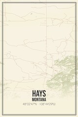 Retro US city map of Hays, Montana. Vintage street map.