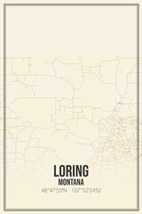 Retro US city map of Loring, Montana. Vintage street map.