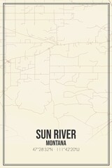 Retro US city map of Sun River, Montana. Vintage street map.