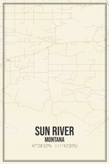 Retro US city map of Sun River, Montana. Vintage street map.