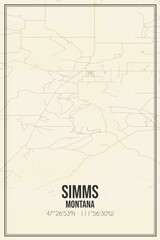 Retro US city map of Simms, Montana. Vintage street map.