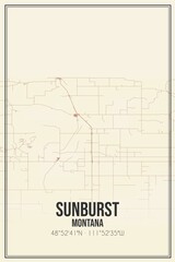 Retro US city map of Sunburst, Montana. Vintage street map.
