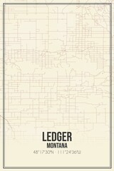 Retro US city map of Ledger, Montana. Vintage street map.