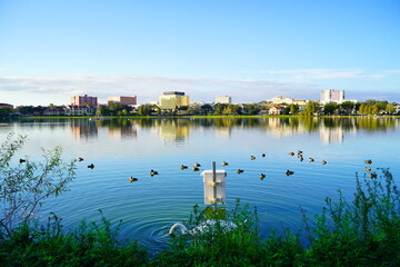 Obraz premium Sun set Landscape of city center of lakeland Florida