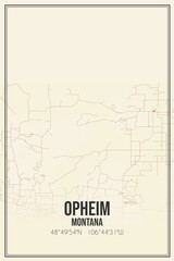 Retro US city map of Opheim, Montana. Vintage street map.