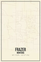 Retro US city map of Frazer, Montana. Vintage street map.